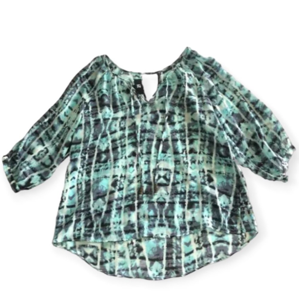 IZ Byer Blue White Black Abstract Pattern Open Shoulder Blouse Vneck Women's XS